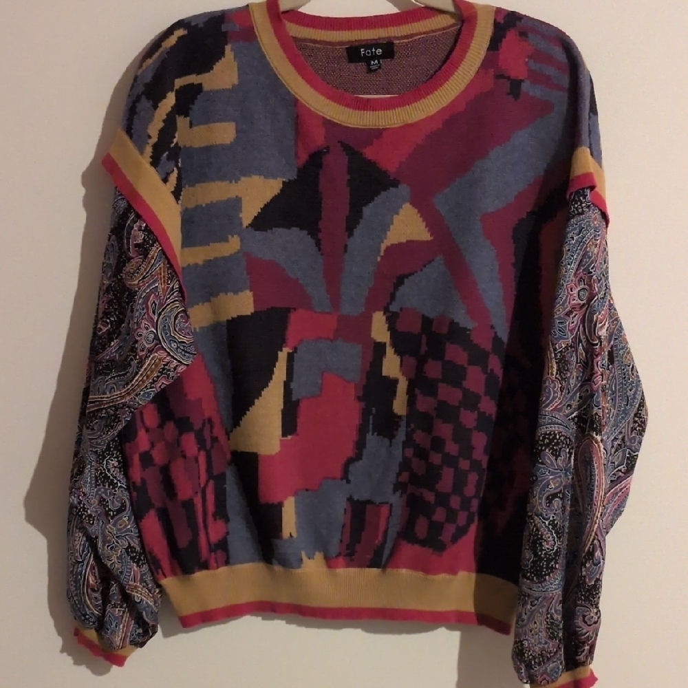 Fate Red and Blue Crew Neck Sweater with Geometric Design
